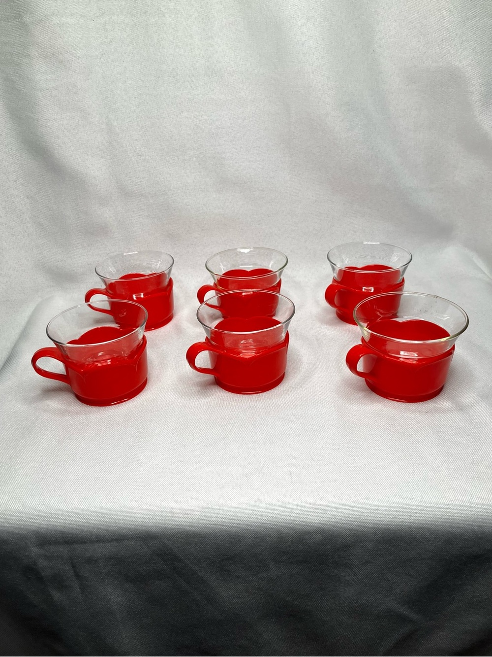 Vintage Red Plastic Holder & Glass Mug Cup Set – Set of 6 Retro Coffee Tea Cups